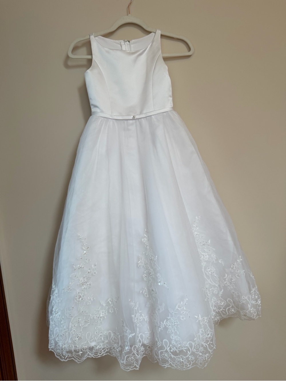 Mon Cheri White Embroidered Tulle Formal Flower Girl Dress